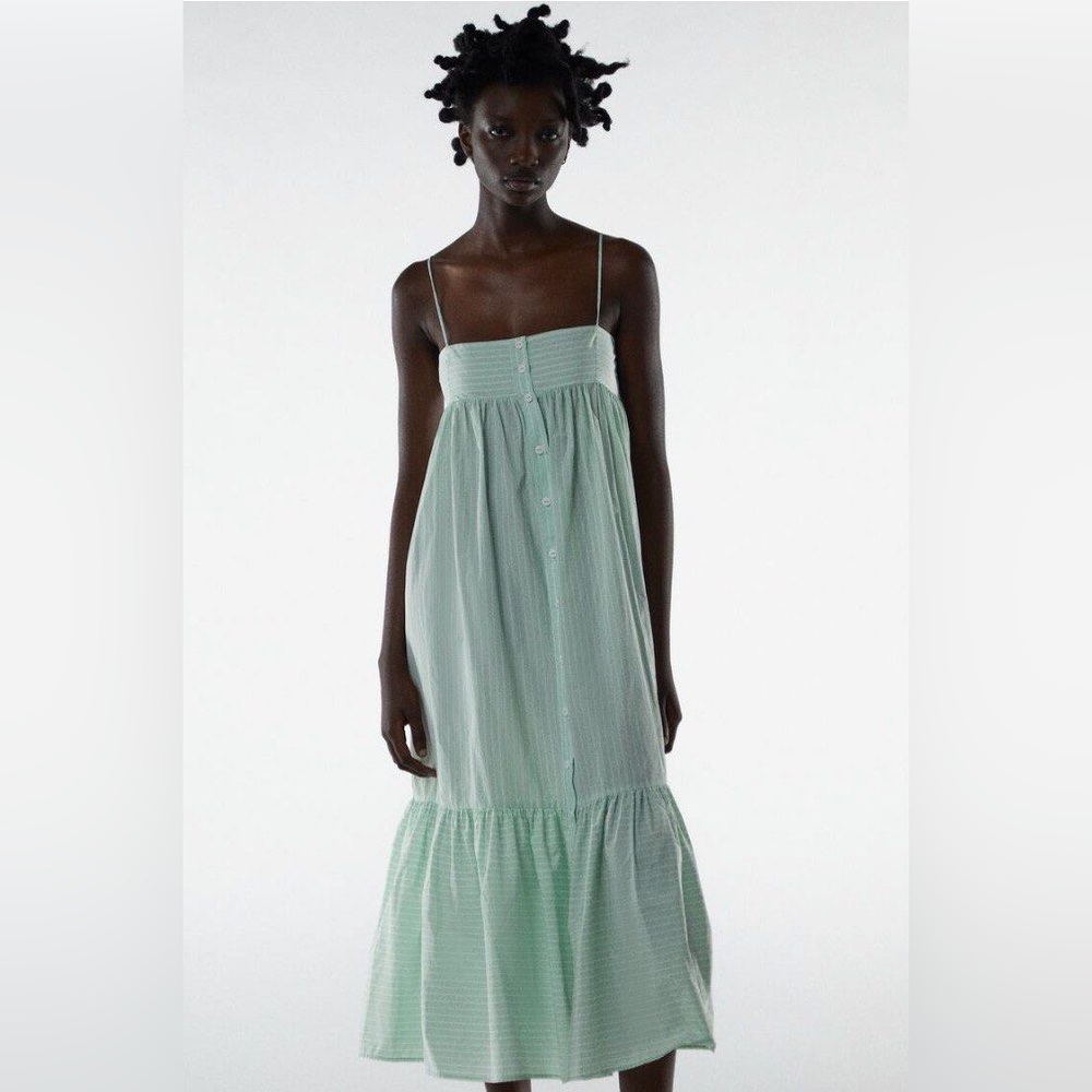Zara Striped Button Down Strappy Midi Dress Sundress Sea Green